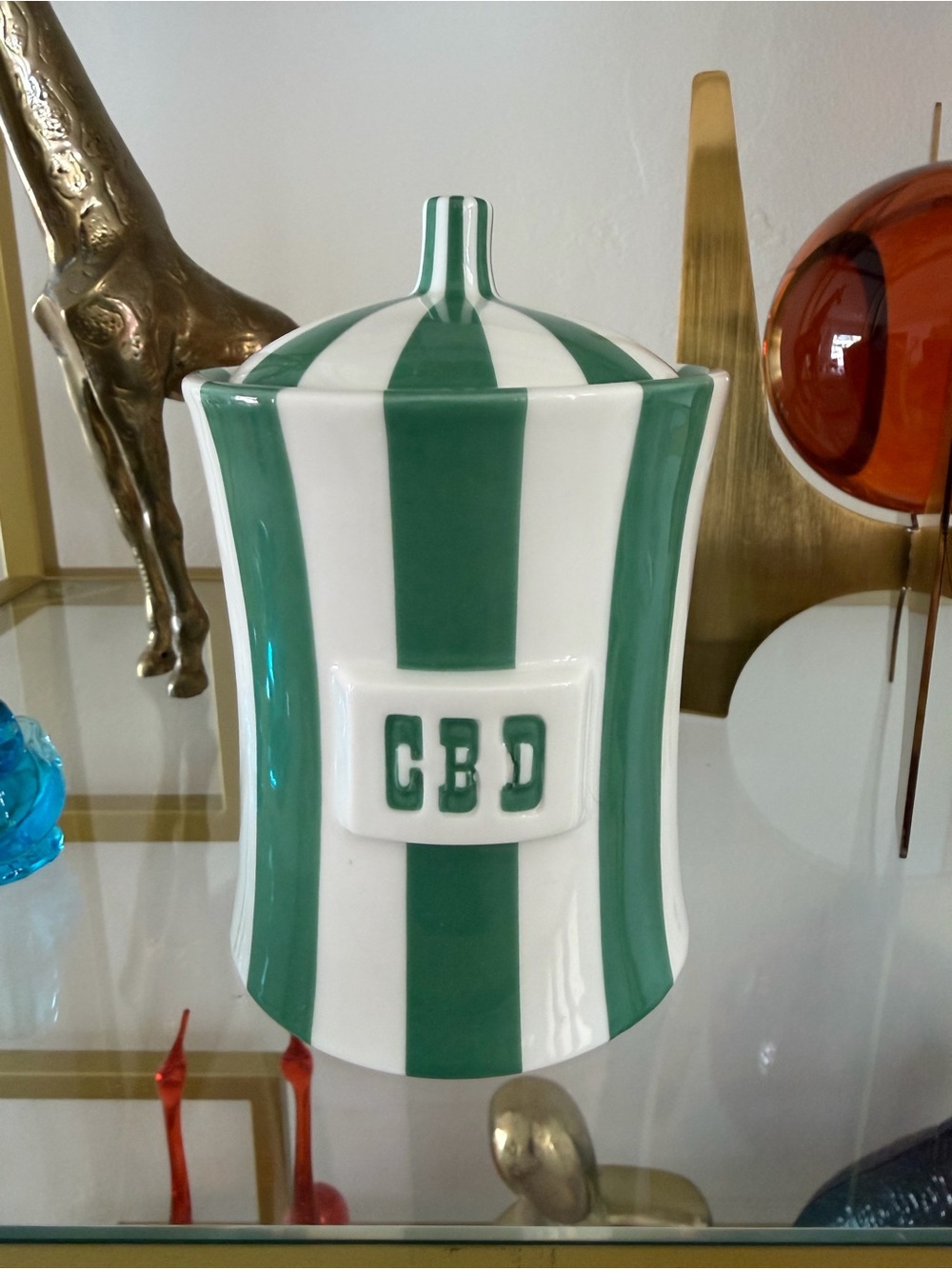 Jonathan Adler vice Green and White Striped Ceramic CBD Canister